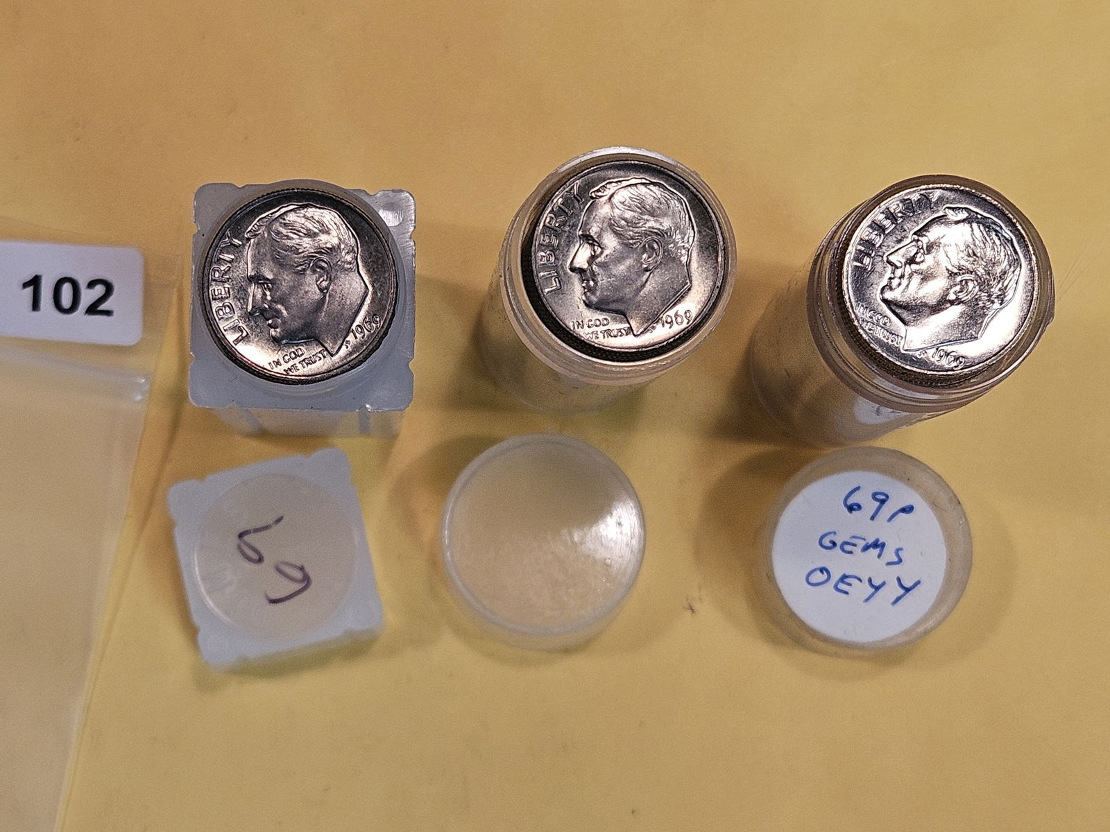 Three GEM Brilliant Uncirculated rolls of 1969 Roosevelt Dimes (1 of 2)