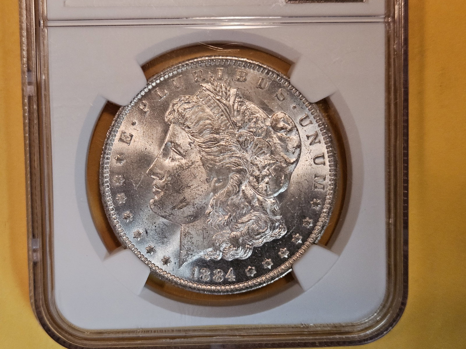 NGC 1883-O Morgan Dollar in Mint State 63: Some variety of VAM. Partial E Under the wing