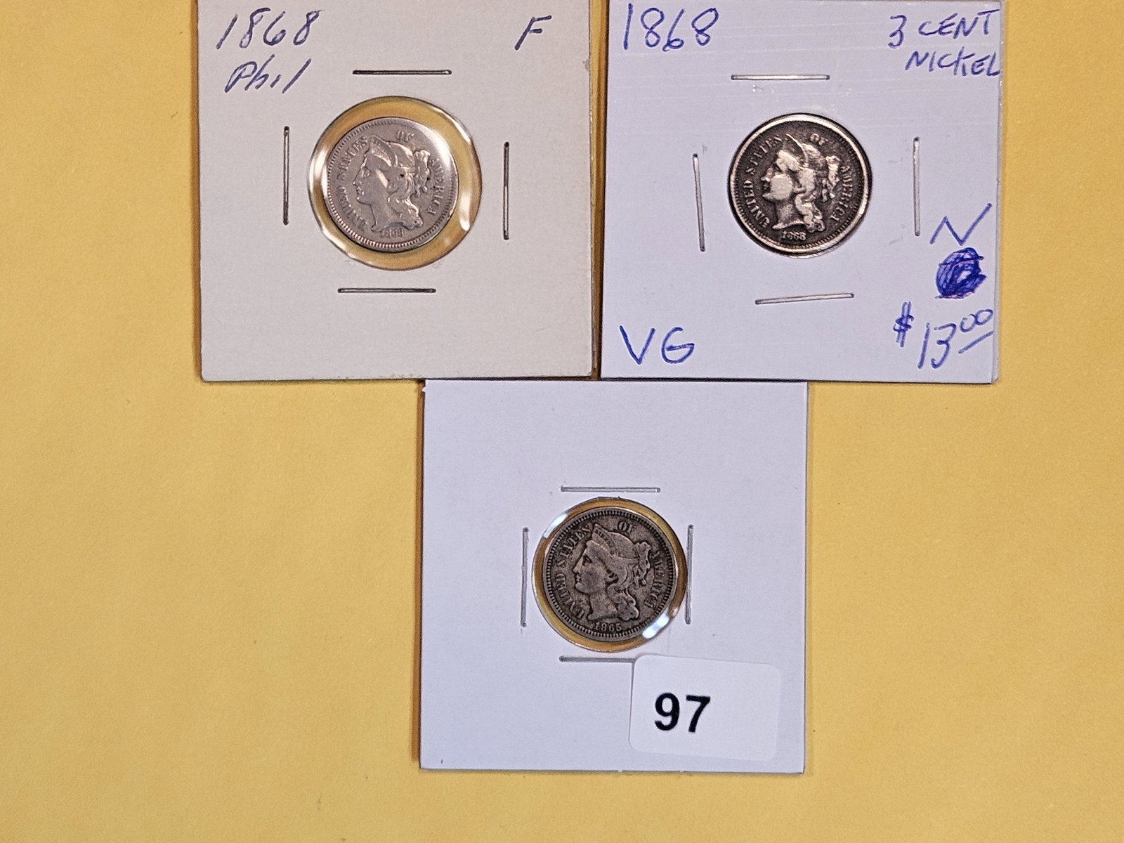 Three 3-cent nickels in Very Good to Fine (1 of 7)