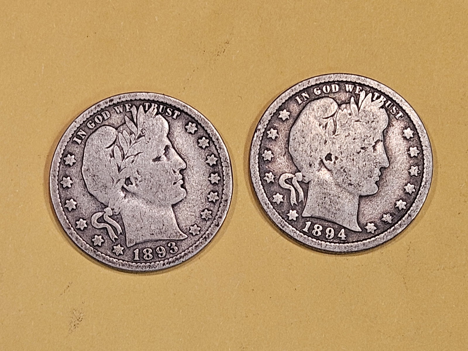 Pair of 2nd and 3rd year Barber Quarters in Very Good (1 of 3)