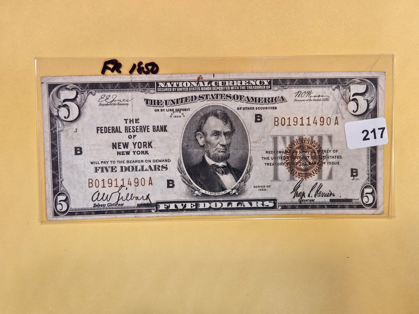 Series of 1929 Five Dollar National Currency: New York. FR 1850