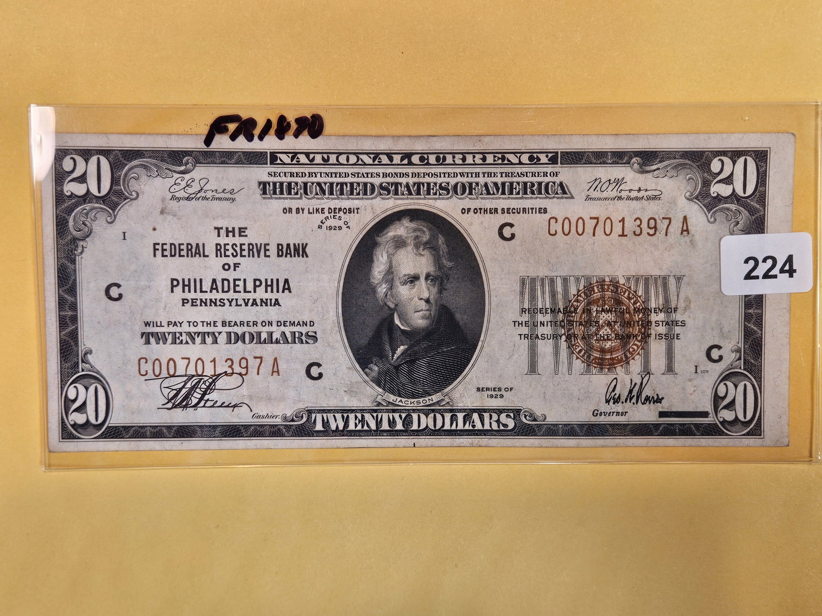 Nice Series of 1929 Twenty Dollar National Currency in About Uncirculated: FR 1870. Philadelphia