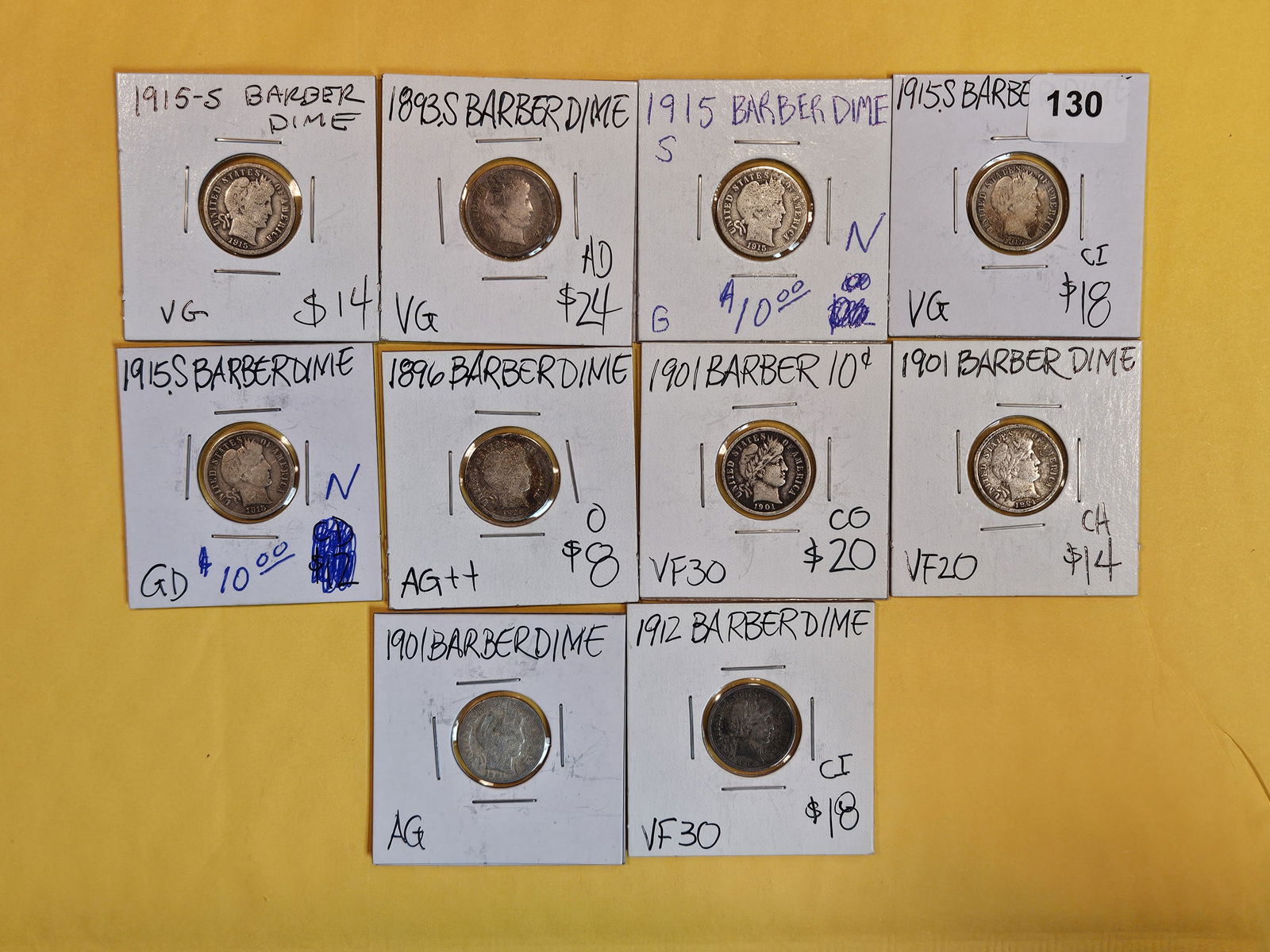 Ten mixed Barber Silver Dimes (1 of 3)