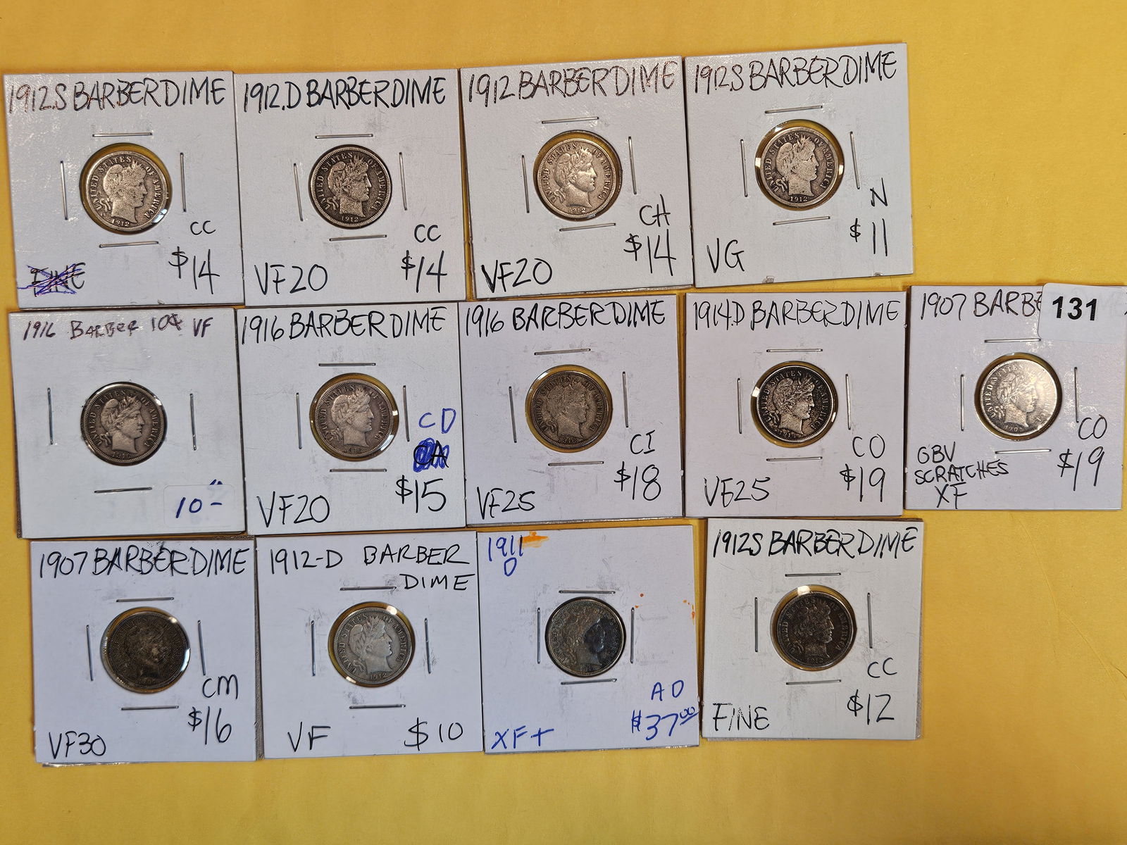 Thirteen mixed silver Barber Dimes (1 of 3)