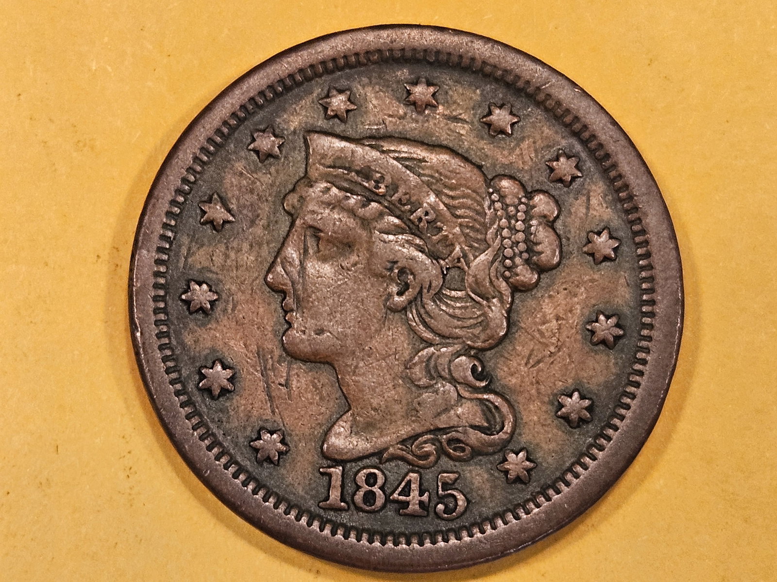1845 Braided Hair Large cent in Very Fine plus - details (1 of 3)
