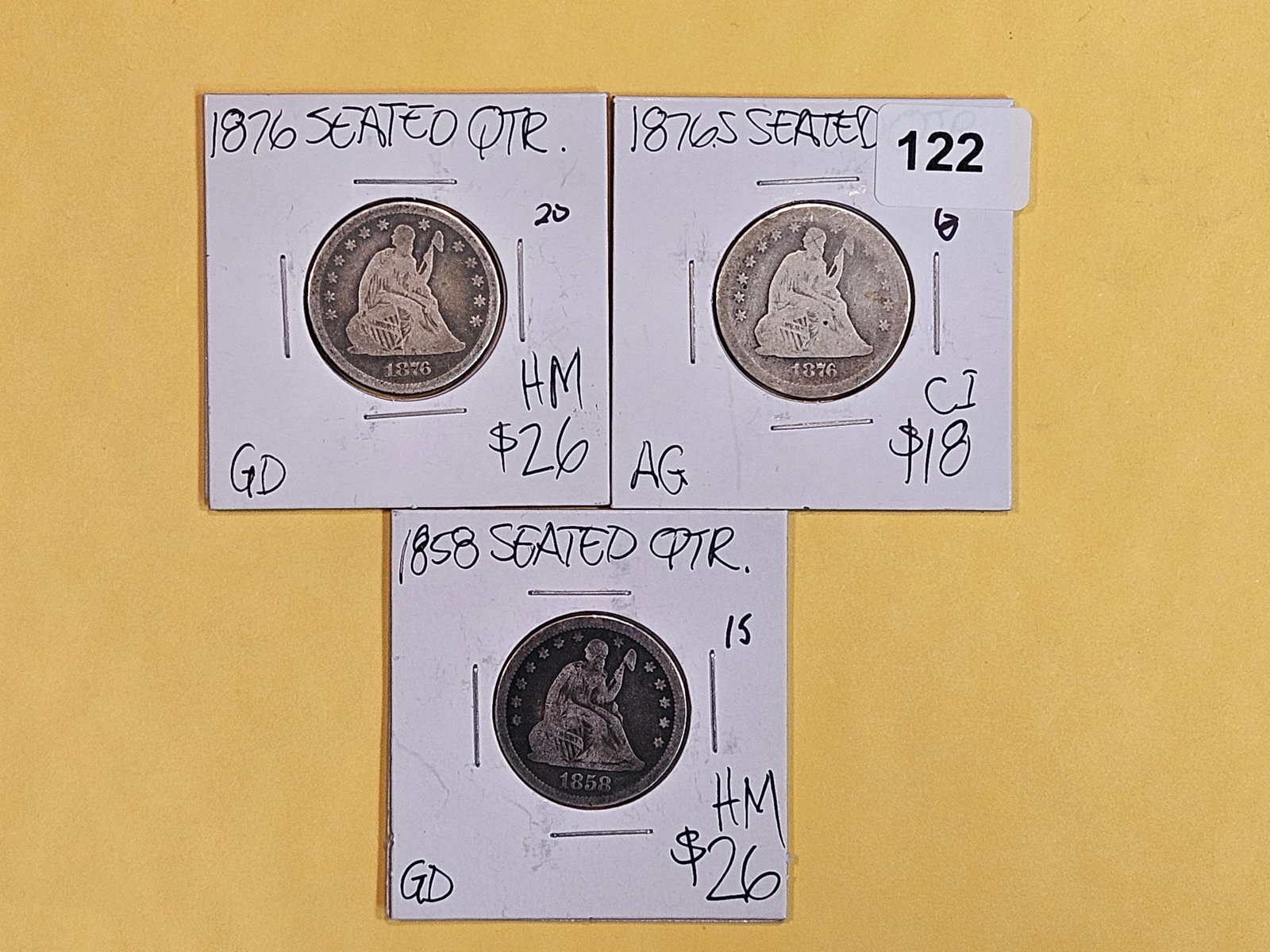 Three Seated Liberty Quarters in AG to Good plus (1 of 2)