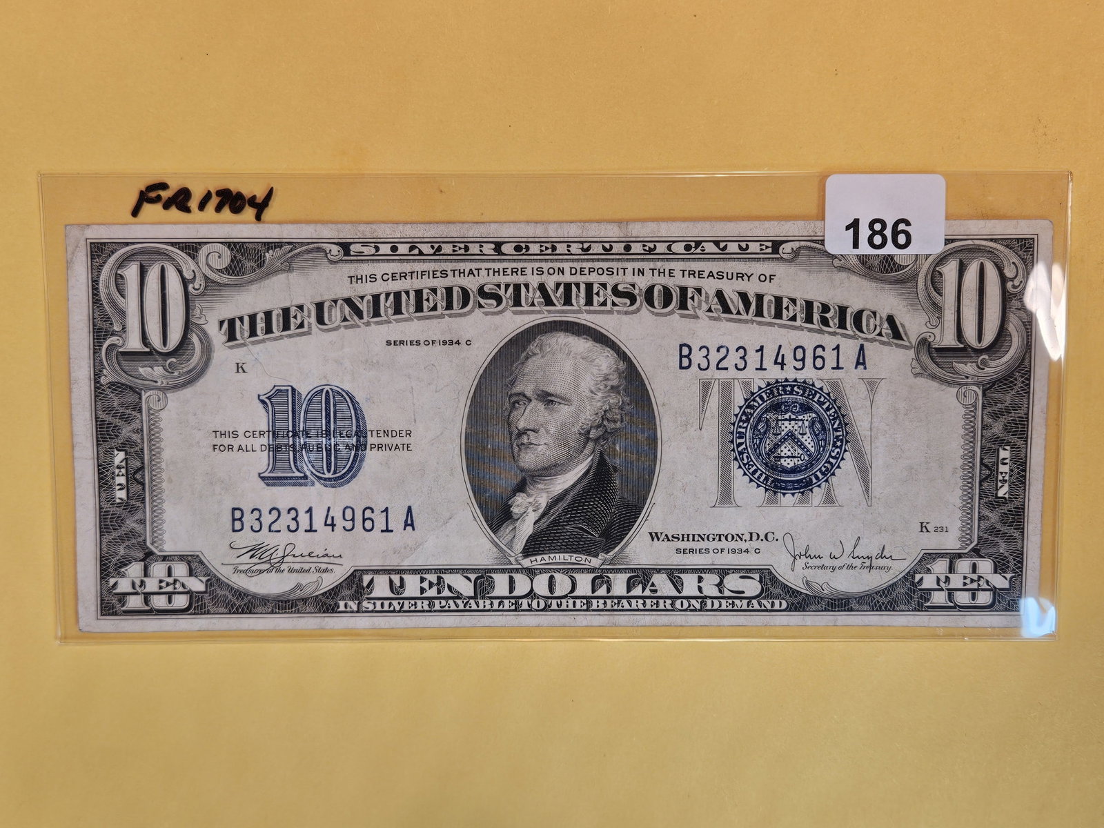 Series of 1934-A Ten Dollar Silver Certificate in Very Fine plus: FR 1704