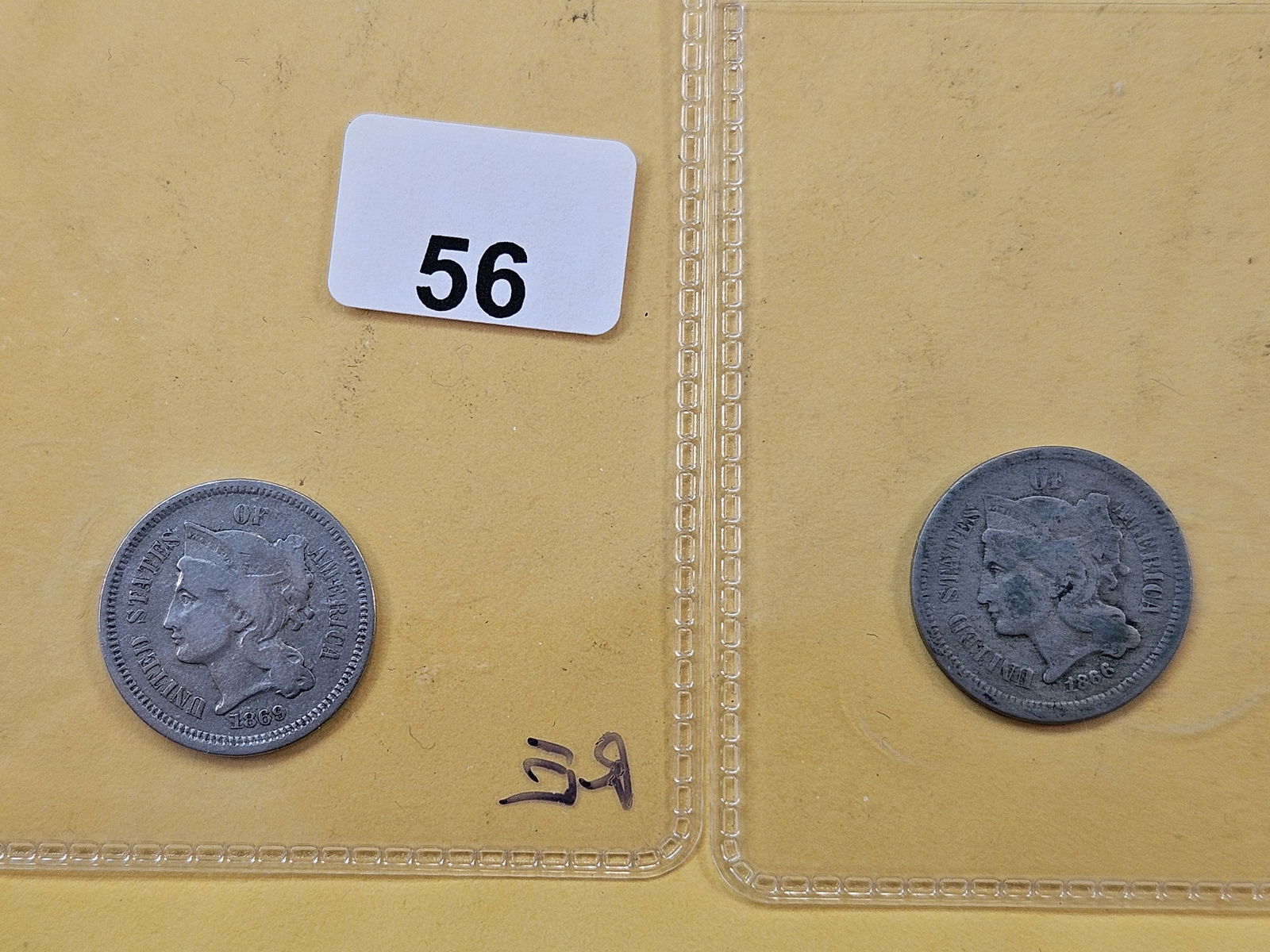 Two Circulated 3 Cent Nickels (1 of 6)