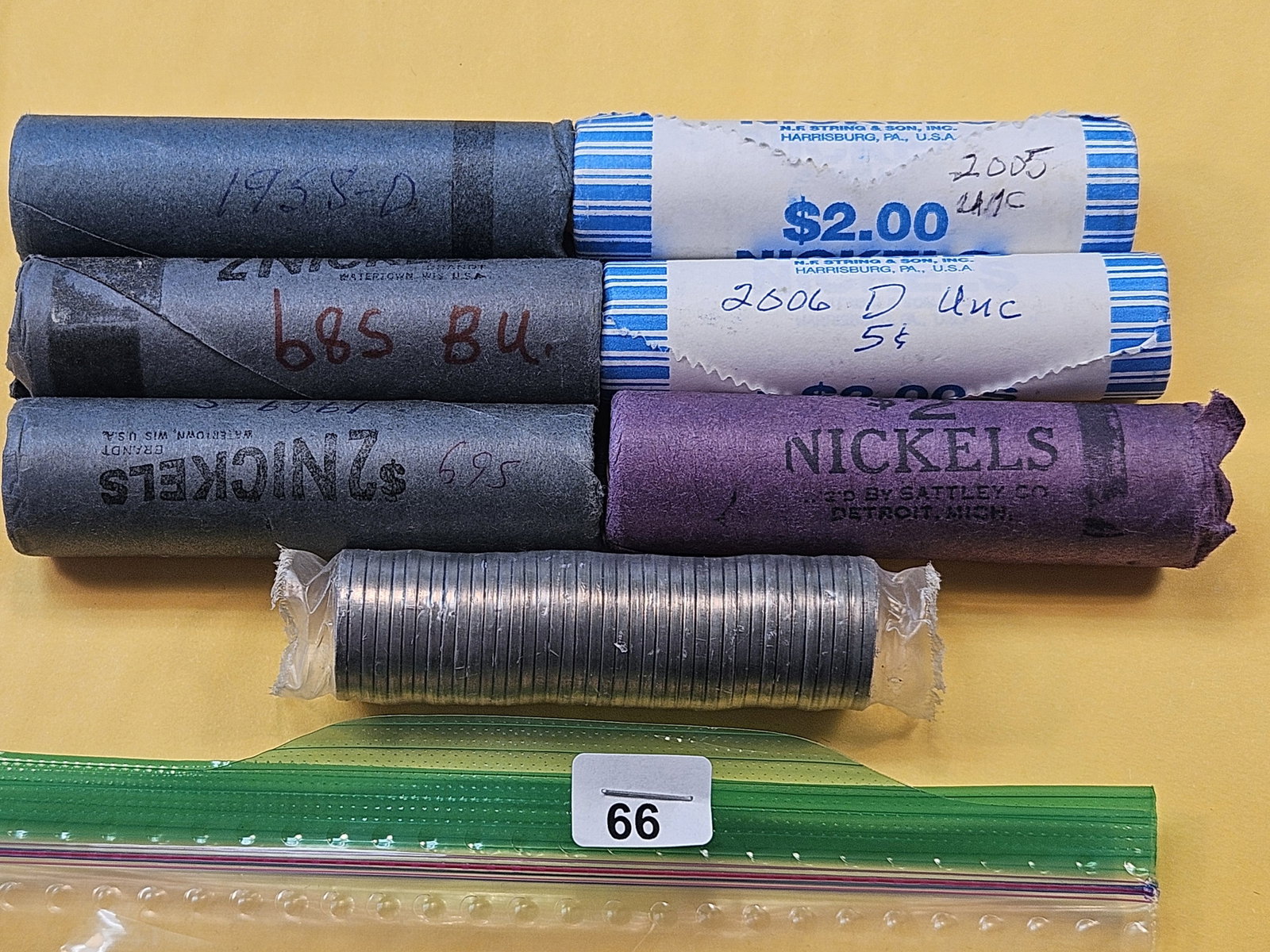 Seven Brilliant Uncirculated Bank -Wrapped Rolls of Jefferson Nickels: 1958-D, 1966, 1968-S, 1969-S, 2005, 2006-S and unknown date modern roll