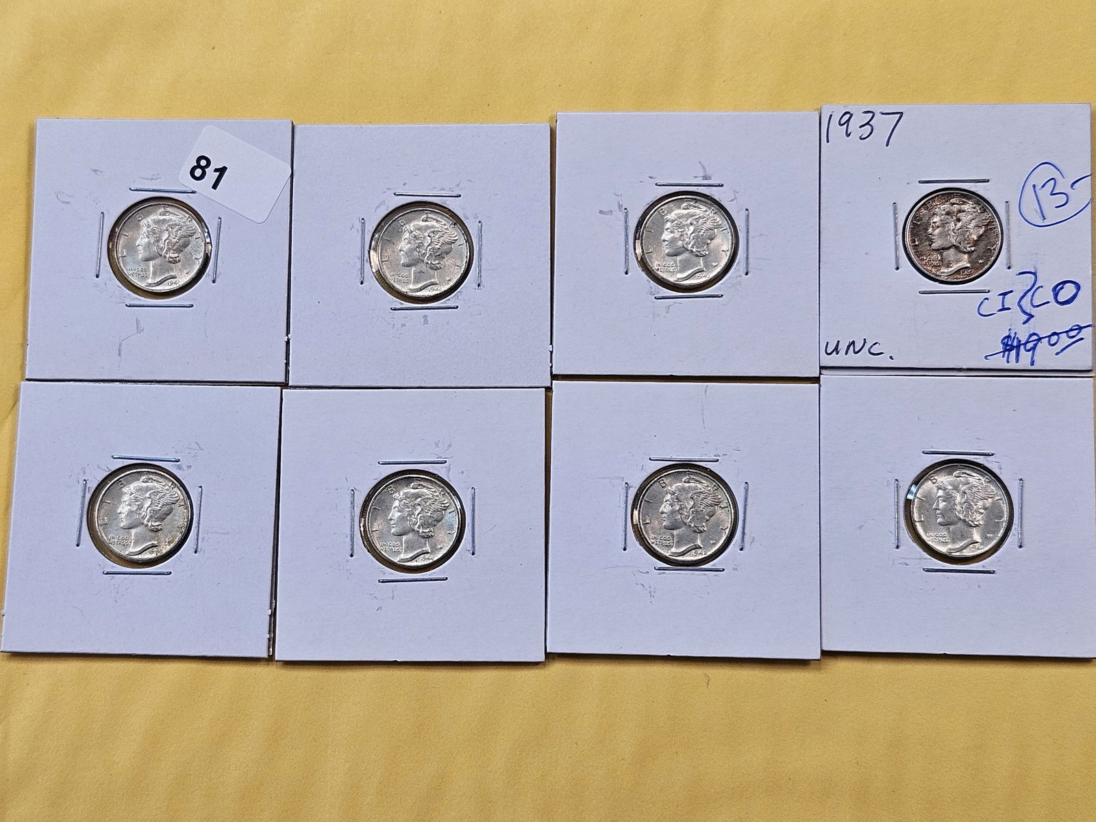 Eight Brilliant Uncirculated Mercury Silver Dimes (1 of 6)