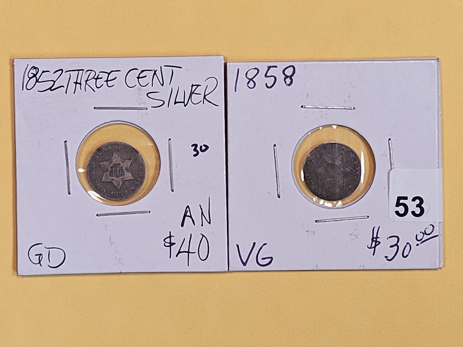 1852 and 1858 Three cent Silver Trimes (1 of 5)