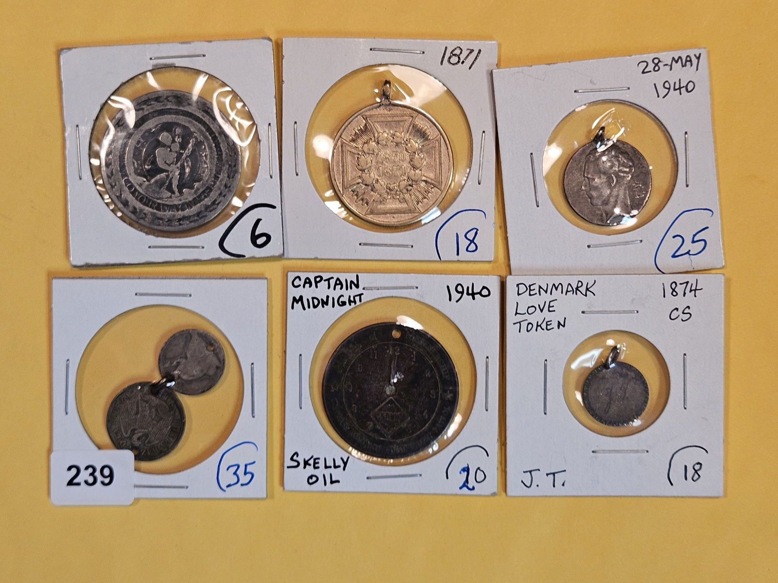 Six SUPER COOL pieces of exonumia: 1871 Award Medal, Couple silver pieces, Captain Midnight Token and a Love Token made from a silver Danish coin