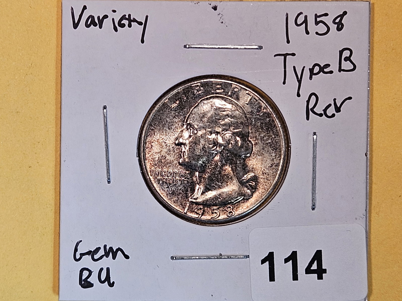 Variety! GEM Brilliant Uncirculated 1958 Type B Washington Quarter: Separation between E and S in States. Heavy patina on obverse