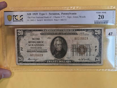 PCGS BANKNOTE 1929 Twenty Dollar National Currency in Very Fine - 20 - details: Type 2. Scranton, Pennsylvania. Charter # 77. FR-1802-1