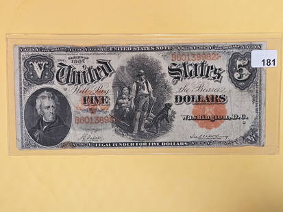 Series of 1907 Five Dollar Large Size US Note: WOOD CHOPPER! Strong colors!