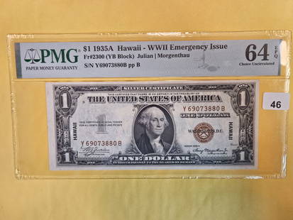 * PMG 1935-A HAWAII Overprint Silver Certificate in Choice Uncirculated 64 EPQ: Exceptional Paper Quality! FR # 2300. WWII Emergency Issue