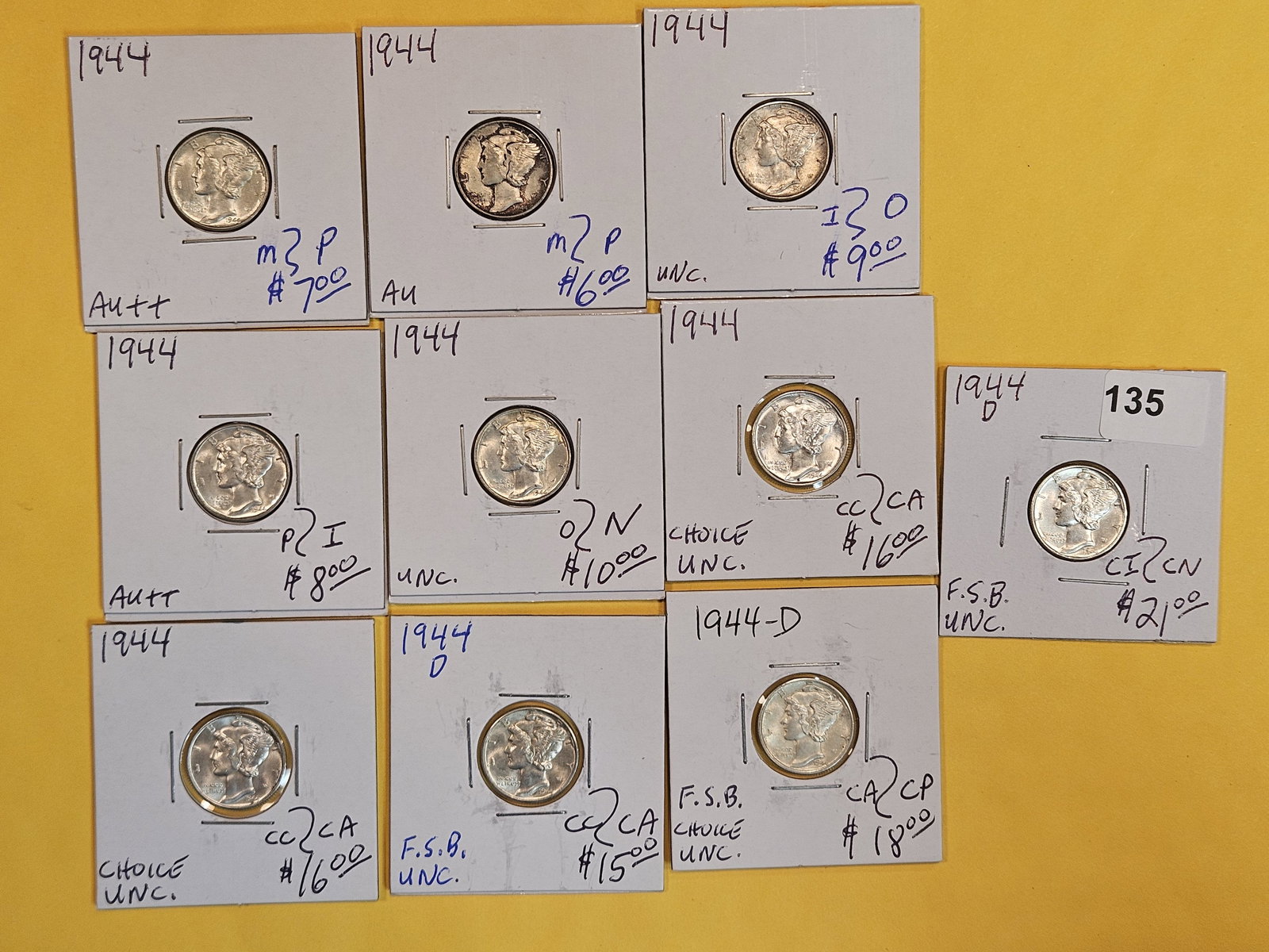 Ten Brilliant, Silver, Mercury Dimes from 1944 (1 of 8)