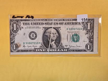 ERROR NOTE! Series 1977-A One Dollar FRN: Gutter Fold! And, slightly off-center cut
