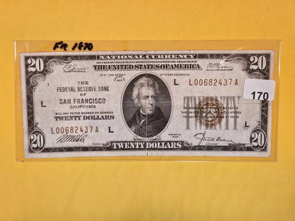 Series of 1929 Twenty Dollar national Currency in Very Fine: San Francisco. FR 1870