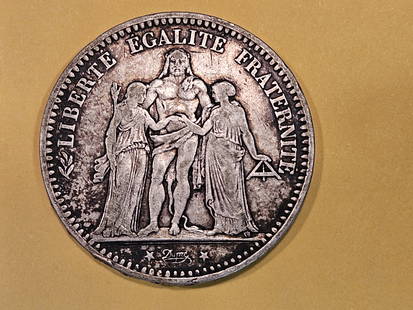 1873 France silver 5 francs in Very Fine: KM 820. Bordeaux Mint