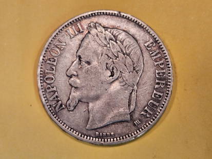 1868 France silver 5 francs in Very Fine: KM 799