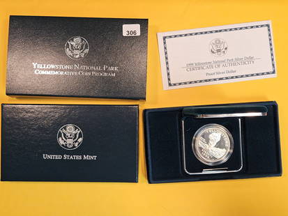 GEM Proof Deep Cameo 1999 Yellowstone National Park Commemorative Silver Dollar: In original government packaging with certificate of authenticity
