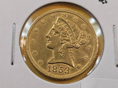 GOLD! Older Date Brilliant AU-BU 1853 Liberty Head Five Dollar Gold: Half Eagle
