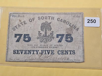 Series 1863 Seventy-five Cent Fractional Bank Note: State of South Carolina