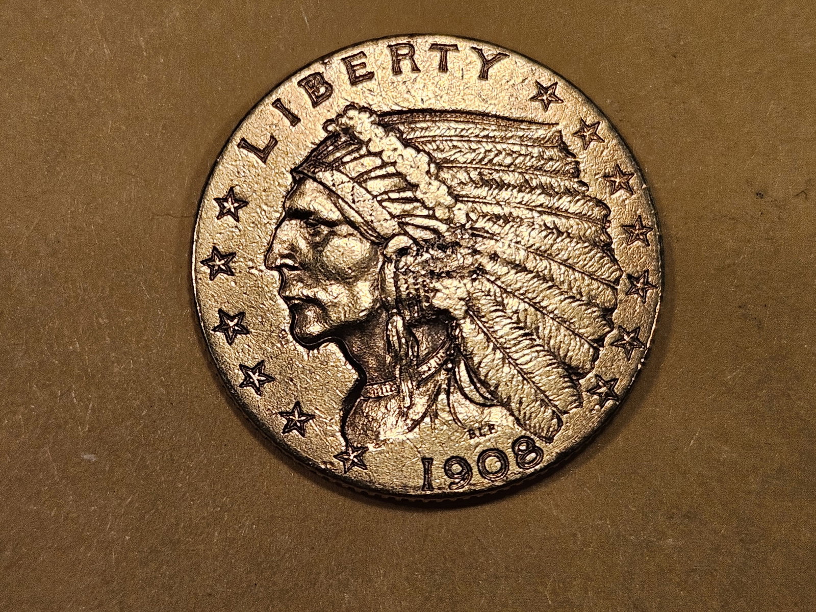 GOLD! Brilliant 1908 Gold Indian $2.5 Dollar Quarter Eagle (1 of 5)