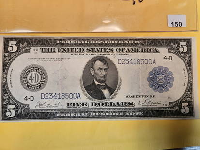 Crisp Series of 1914 Five Dollar Large Size FRN in Extra Fine: Very strong corners and color! Two folds. Good looking note!