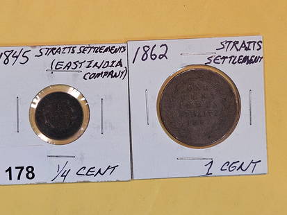 1845 and 1862 coins from the Straits Settlements: 1/4 cent and 1 cent