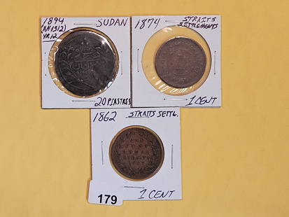 Three mixed older copper coins from the 1800s: 1894 Sudan, 1875 and 1862 Straits Settlements