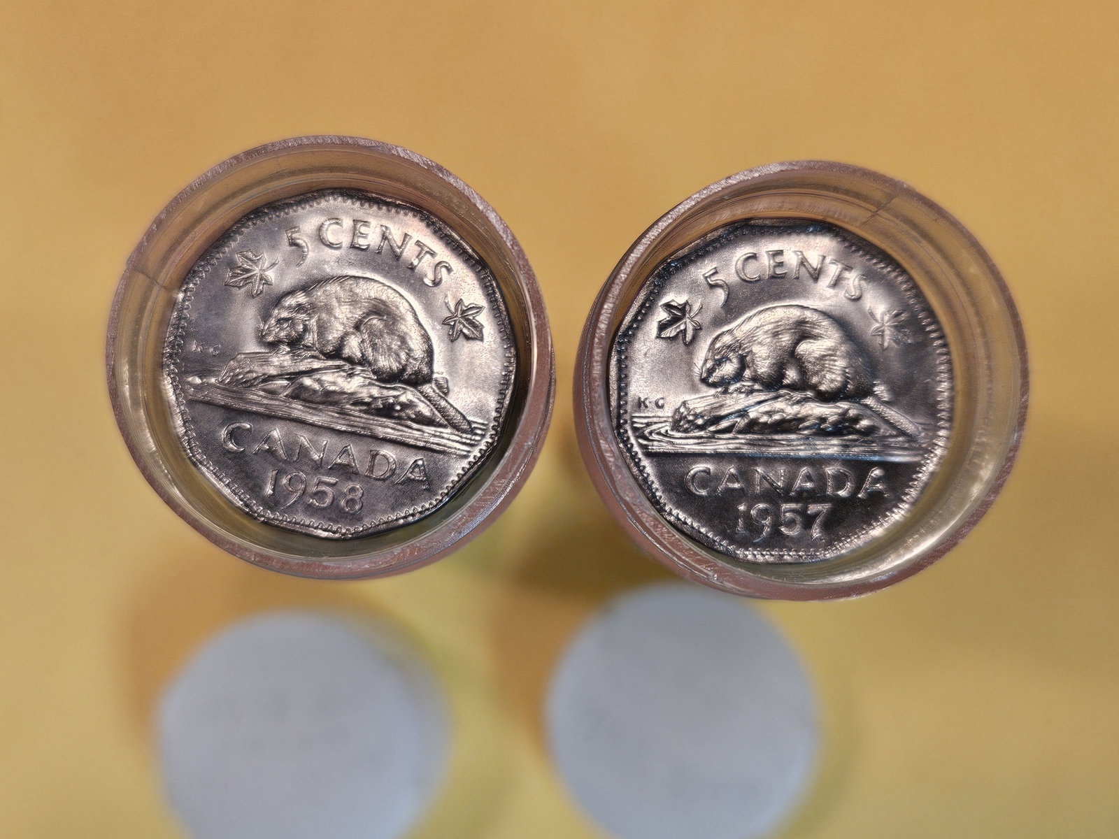Two Brilliant Uncirculated rolls of Canadian 5 cent coins (1 of 2)