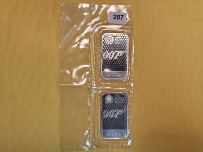 Two 1-Troy ounce .999 fine silver art bars: From the Royal Mint. 007. Diamonds are Forever