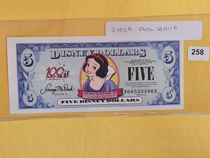 VERY SCARCE DISNEY DOLLAR!: Crisp Uncirculated 2002-A Five Dollars. Snow White