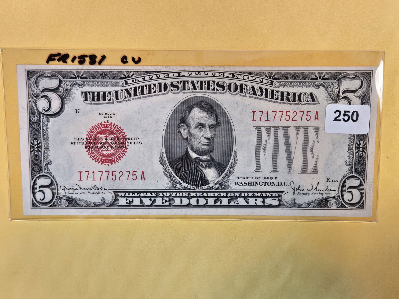 Crisp Uncirculated 1928-F Five Dollar US Note Red Seal (1 of 2)