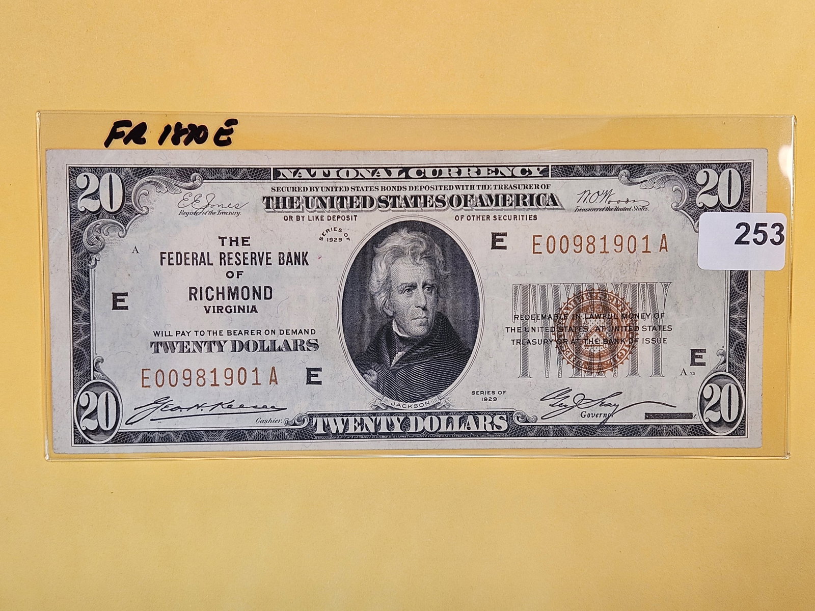 Crisp About Uncirculated plus Series of 1929 Twenty Dollar National Currency: Richmond, Virginia. FR 1870-E