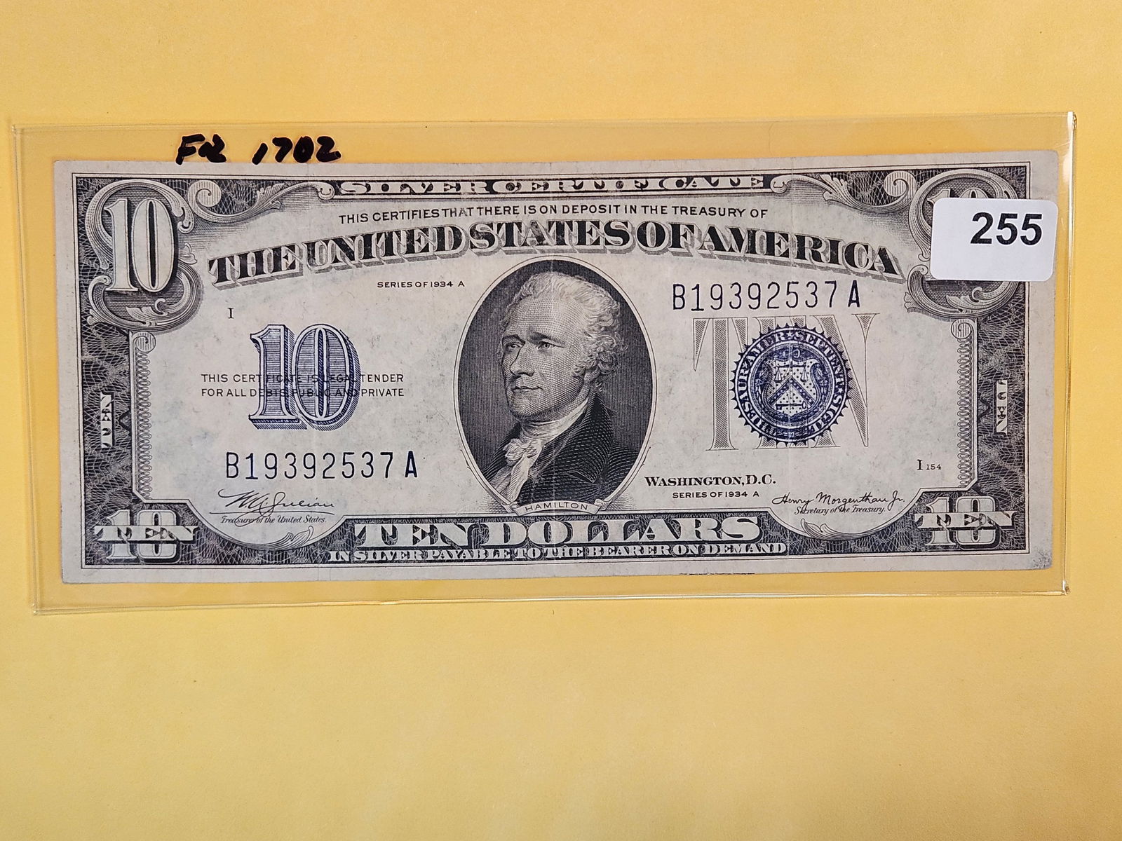 1934-A Ten Dollar Silver Certificate in Extra Fine (1 of 2)