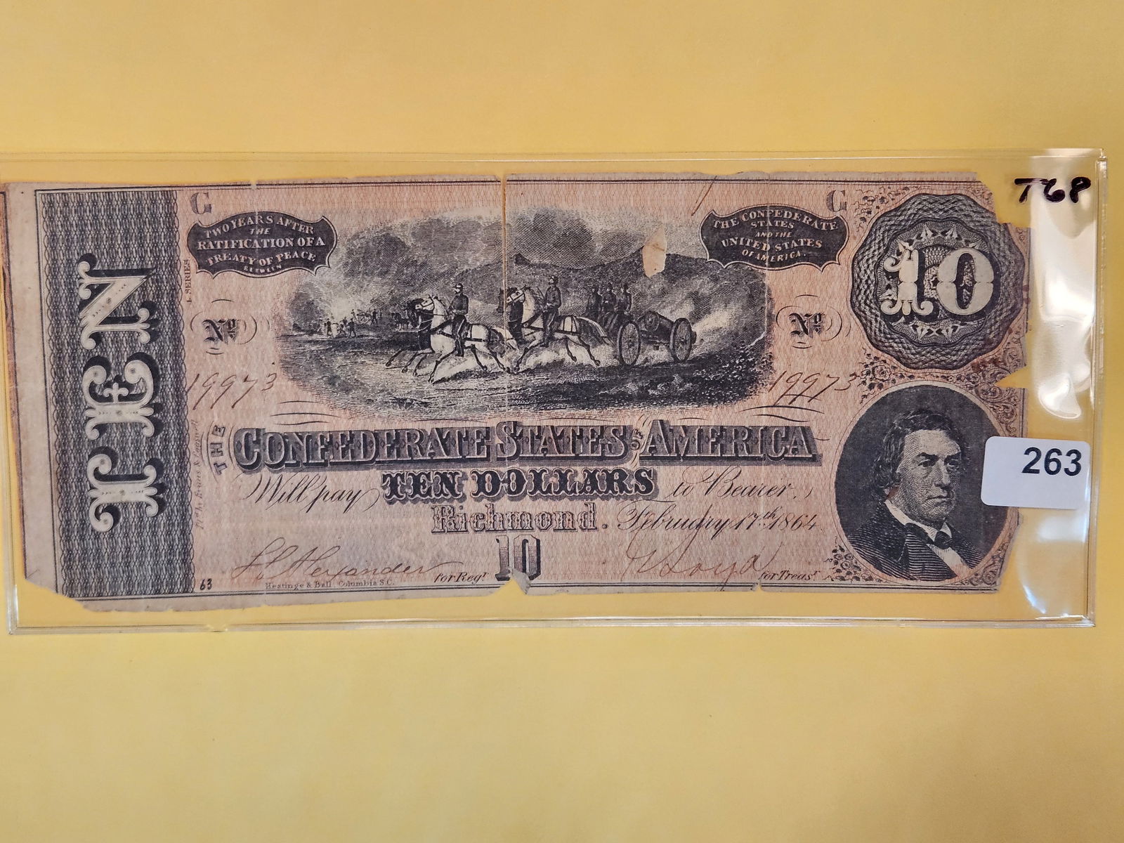 1864 Confederate States Ten Dollar Note (1 of 2)