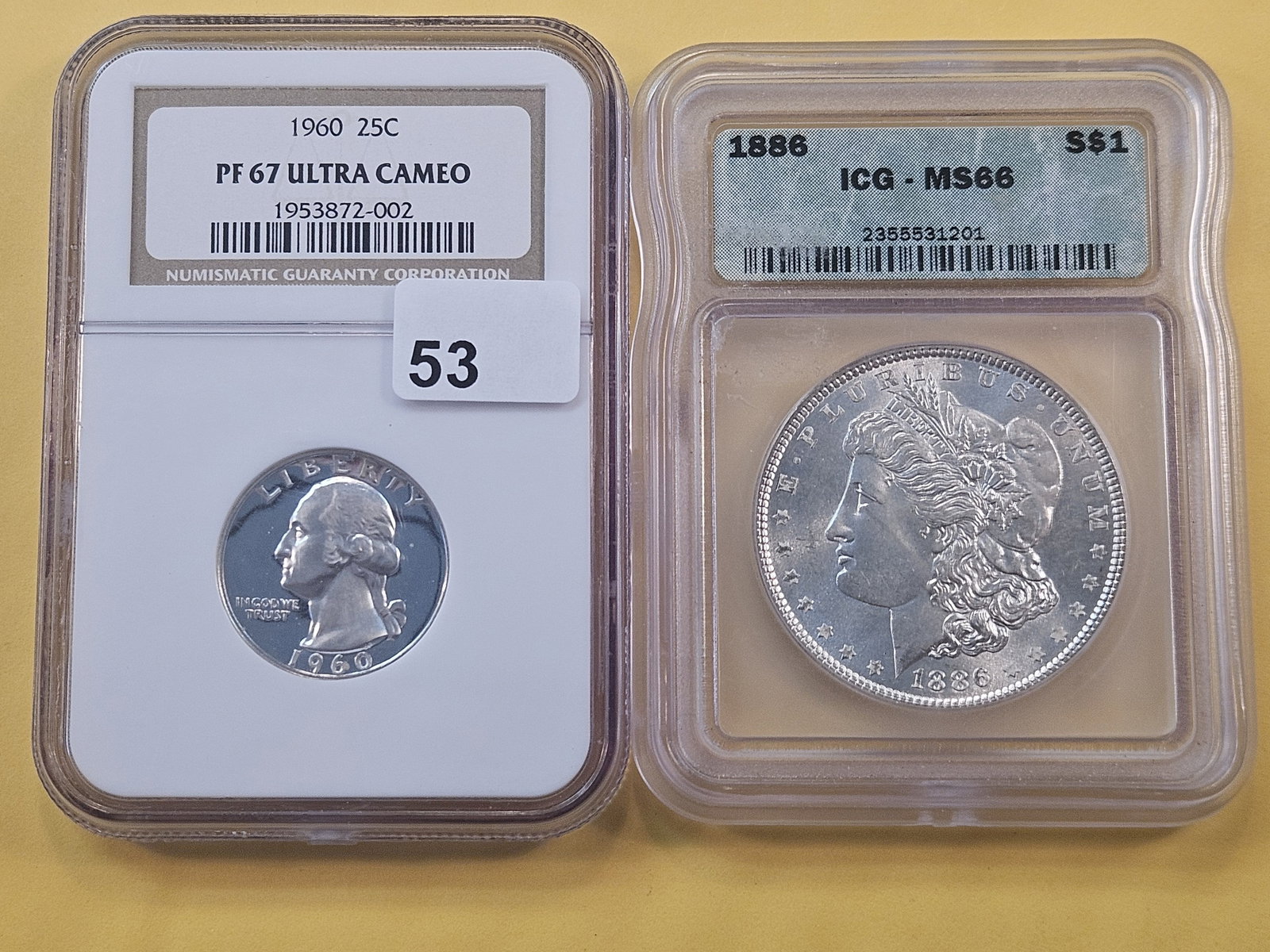 NGC 1960 Washington Silver Quarter in Proof 67 Ultra Cameo and ICG 1886 Morgan Silver Dollar in M... (1 of 6)