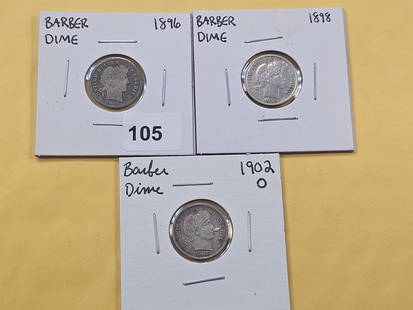 Three Circulated Barber Silver Dimes: 1896, 1898 and 1902-O