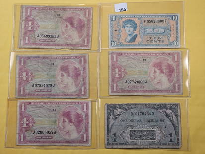 Seven Circulated Military Payment Certificates: Series 641, 541 and 481. Five 1 Dollar and one 10 Cent. One note is kinda tucked away