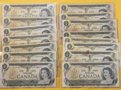 Fifteen Series 1973 Canadian One Dollar Bank Notes: Lightly Circulated to Crisp Uncirculated