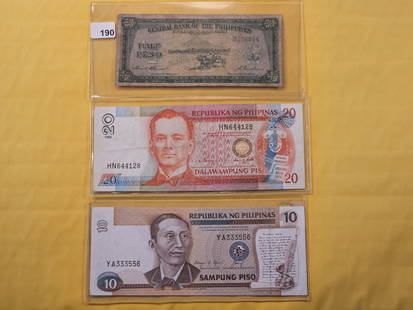 Three Philippines Bank Notes: Series 1949 Fifty Centavos, series 1998 Twenty and Ten Peso Notes