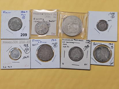 Eight Mixed World Silver Coins: From France, Dominican Republic and Belgium