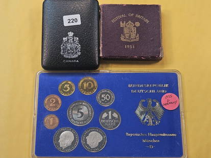 Three World Mint Products: 1951 Five Shillings, 1977 Canadian Silver Dollar and 1975 German Proof Set