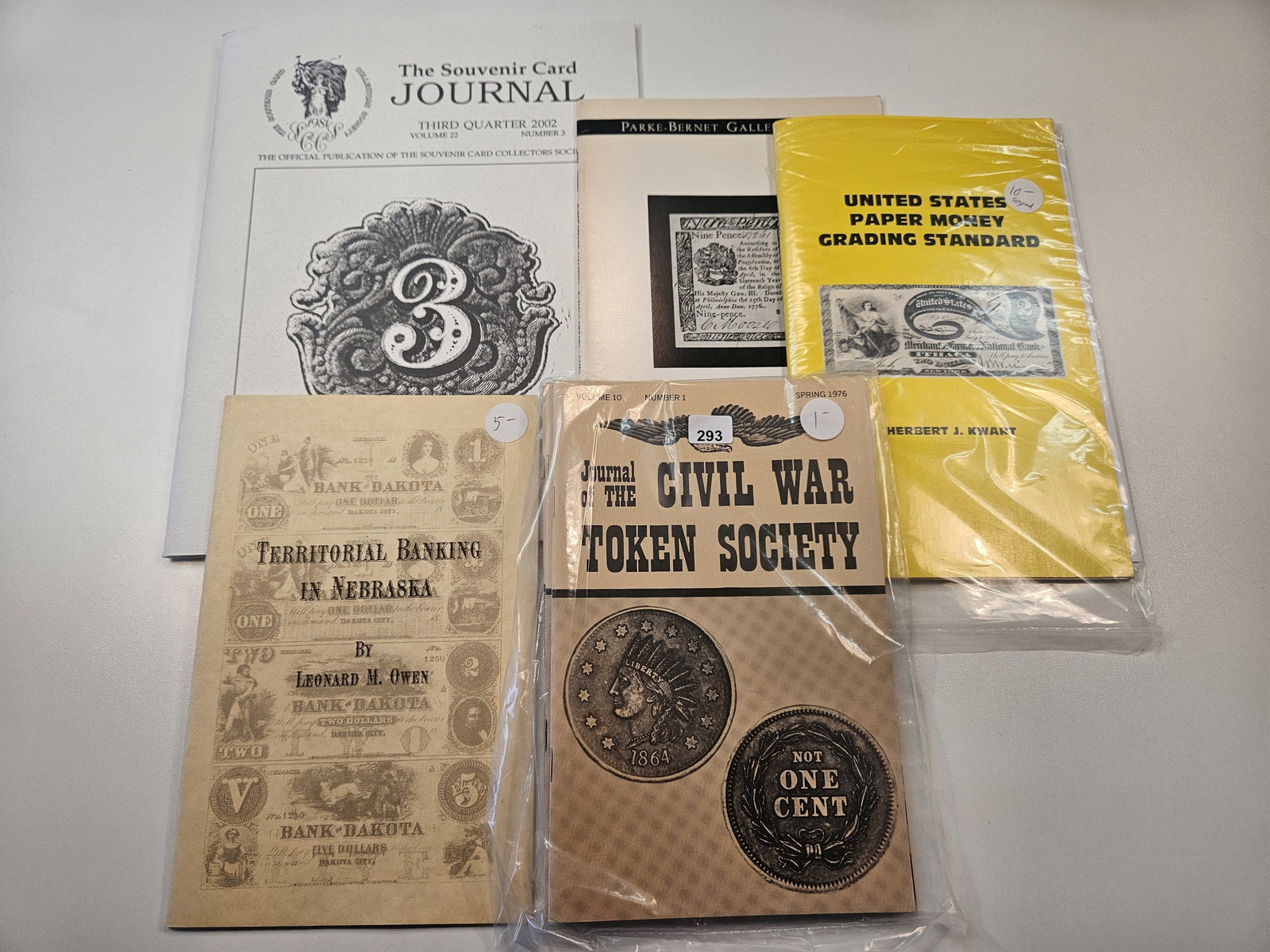 Eight Numismatic Books and Articles: The Souvenir Card Journal, Parke-Bernet Galleries American and European Coins, US Paper Money Grading, Territorial Banking in Nebraska and four Civil War Token Society Booklets