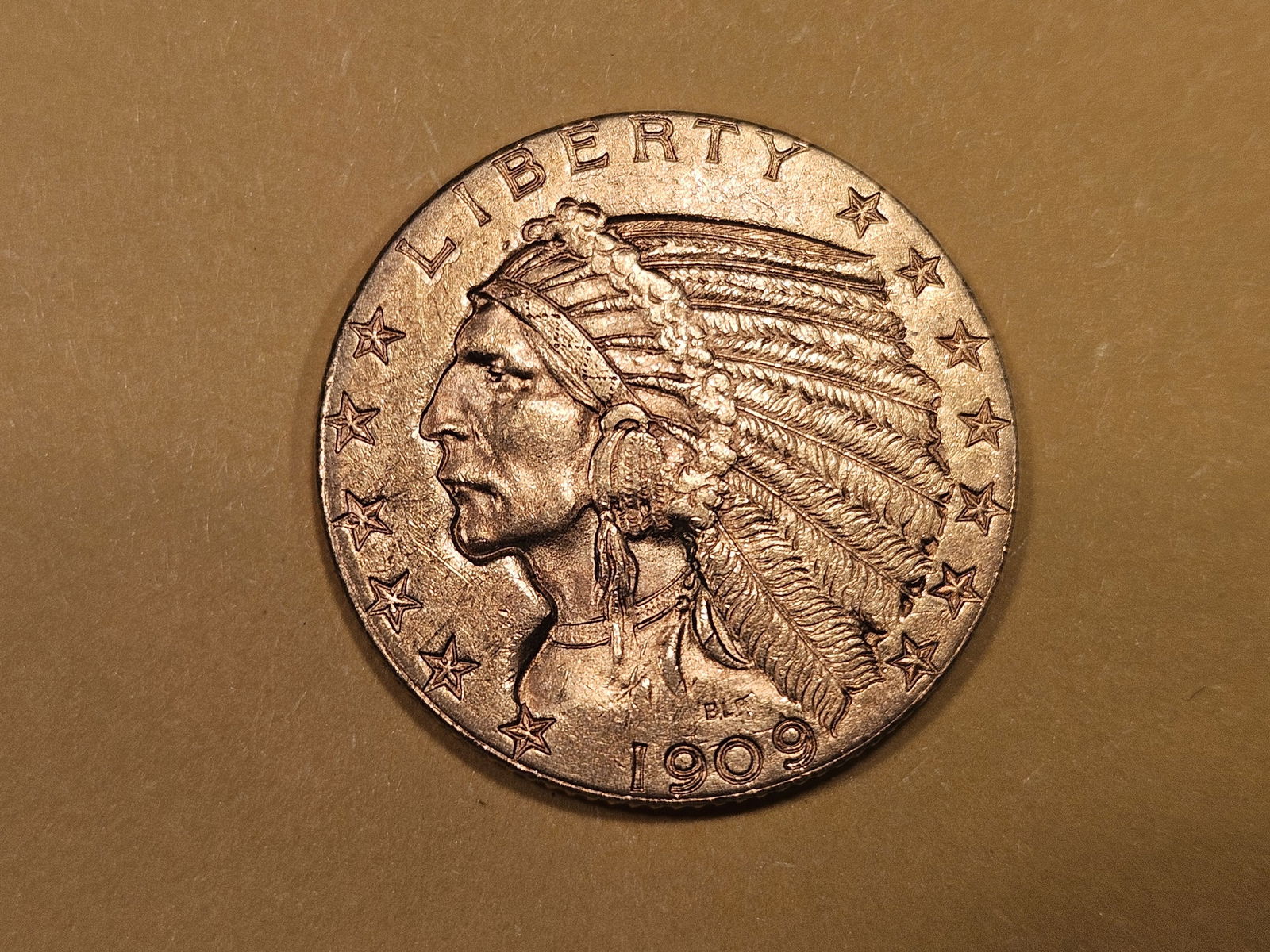 GOLD! Brilliant About Uncirculated plus 1909-D Gold Five Dollar Indian (1 of 5)
