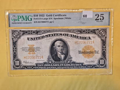 PMG 1922 Ten Dollar Gold Certificate in Very Fine - 25: FR # 1173. Large S-N. Speelman-White.