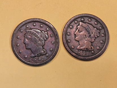 1847 and 1851 Braided Hair Large Cents: Both in Fine - details